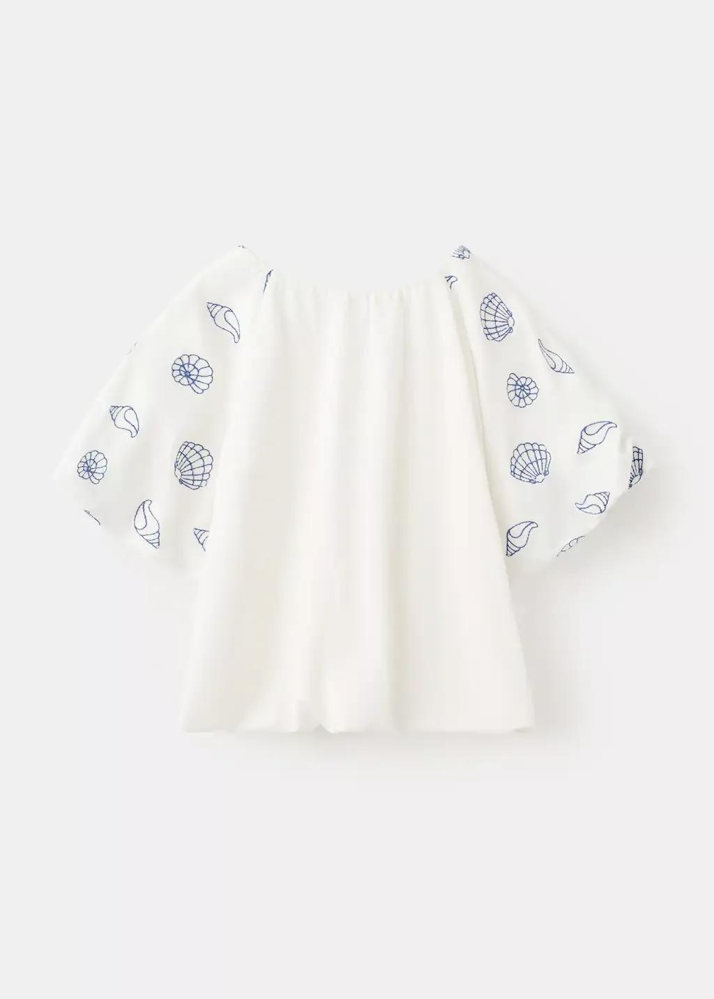 White Cotton T-Shirt With Embroidered Sleeves, Kids Girl, Natural White, large image number 1