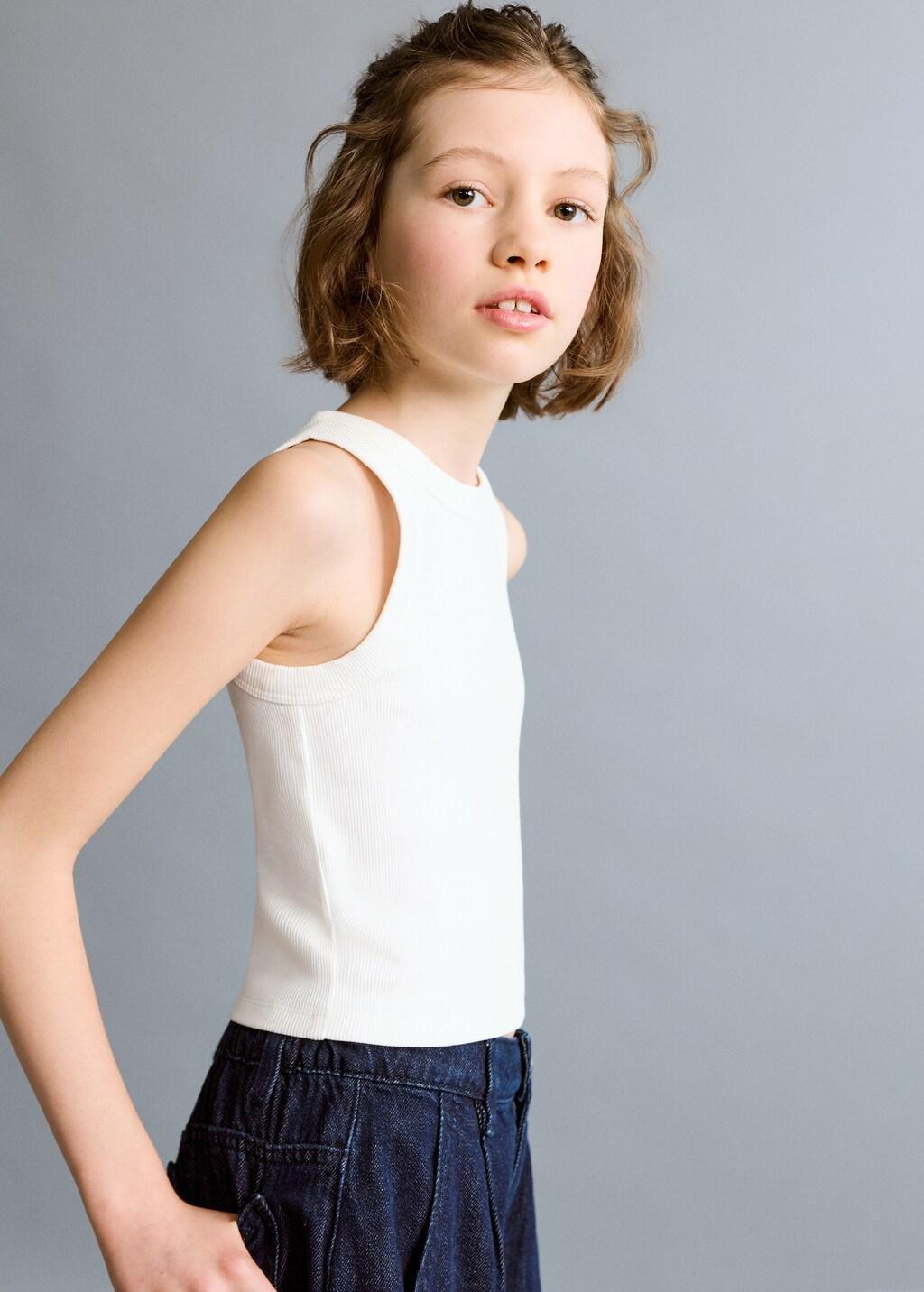 White Ribbed Cotton-Blend Top, Kids Girl, Natural White, medium