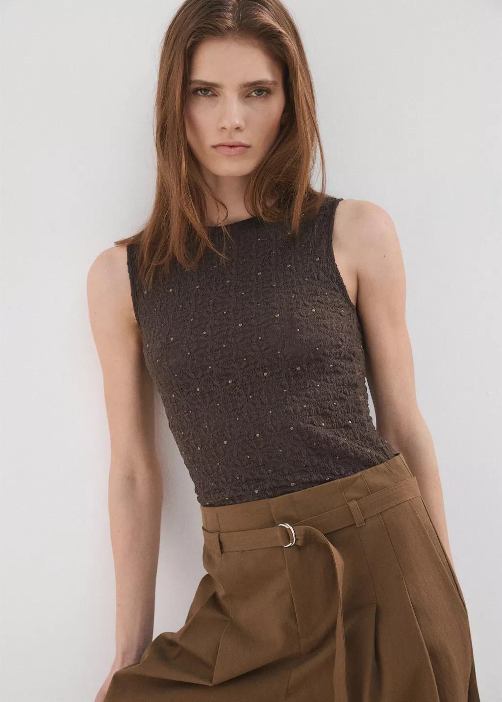 Brown Fitted Studded Top, Dark Brown, large image number 3