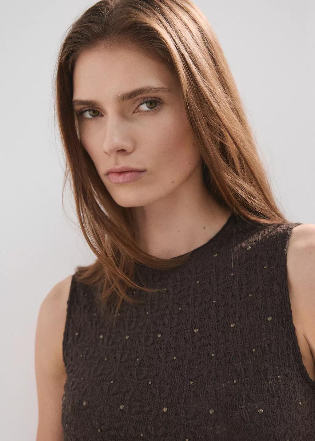 Brown Fitted Studded Top, Dark Brown, large image number 4