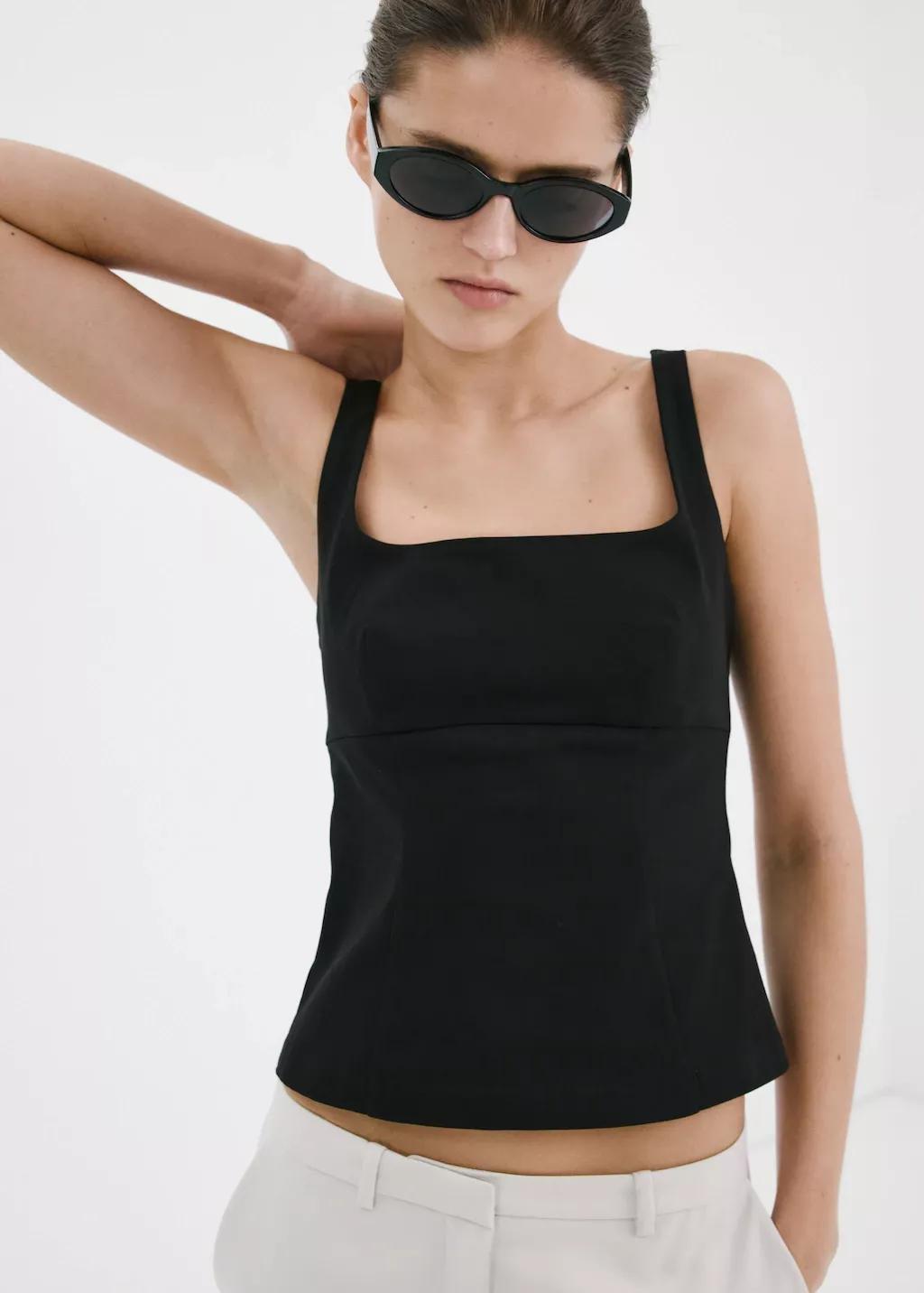 Black Fitted Neckline Top, Black, large image number 3