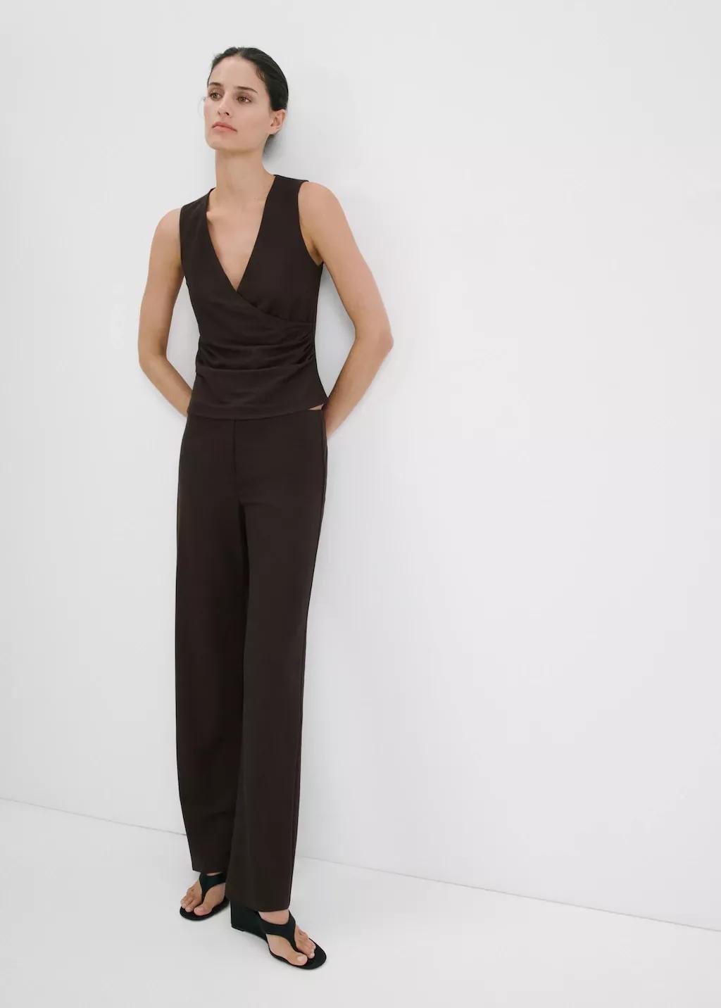 Brown Ruched Wrap Top, Brown, large image number 0