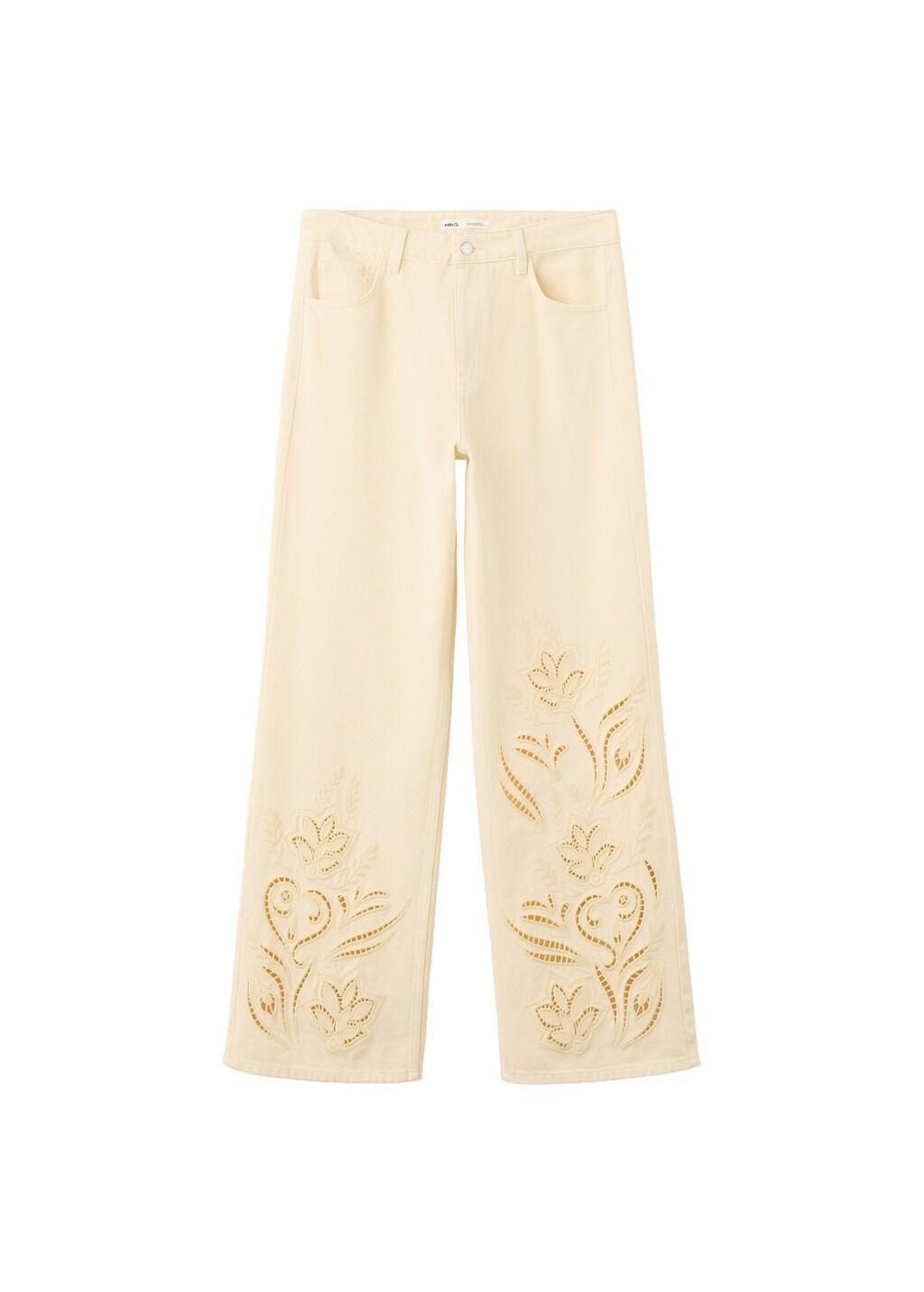 Yellow Embroidered Cut-Out Straight Jeans, 0201_10, large image number 5