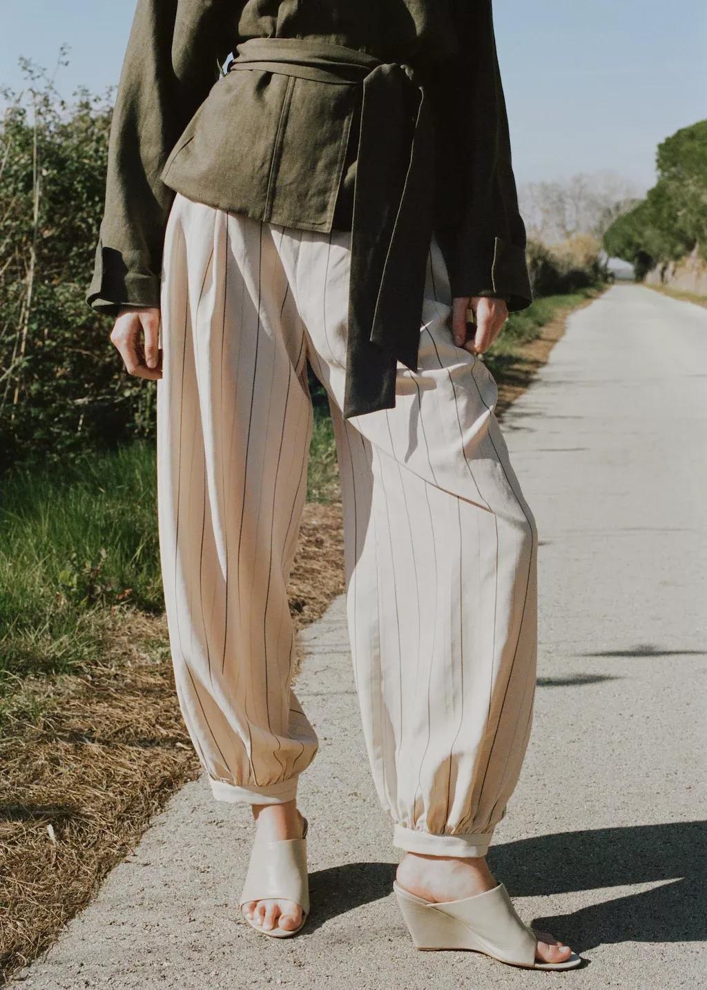 Cream Striped Lyocell Balloon Pants, 0201_05, large image number 3