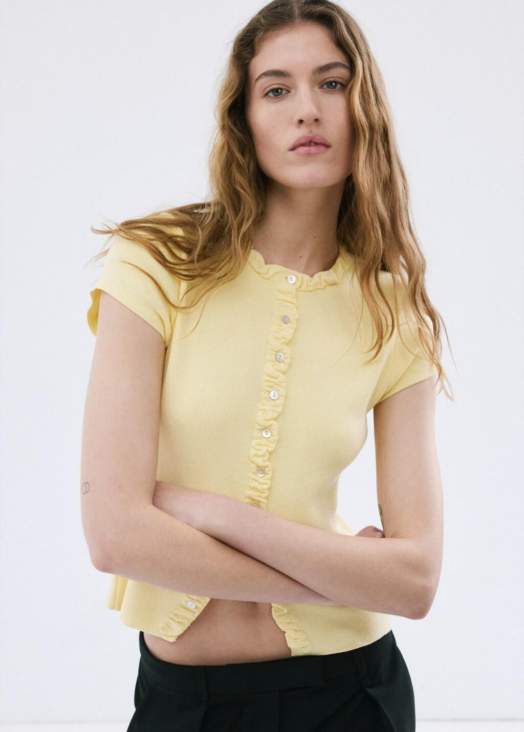 Yellow Fine Knit Sweater With Buttons, Yellow, large image number 3