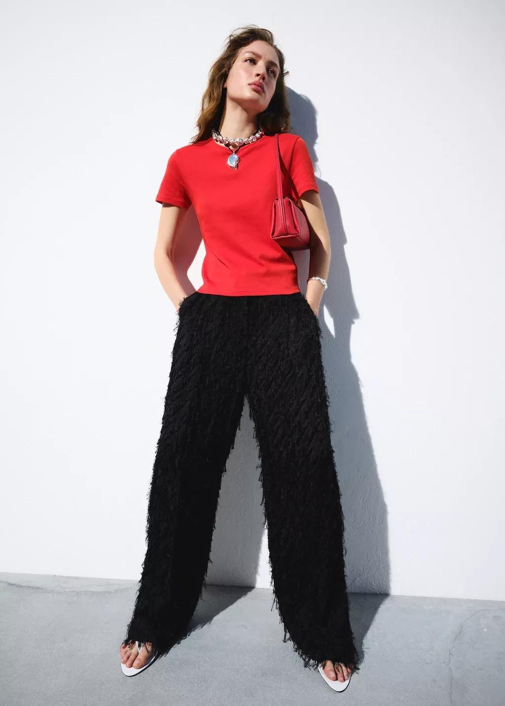 Black Straight-Leg Textured Yarn Trousers, 0201_99, medium