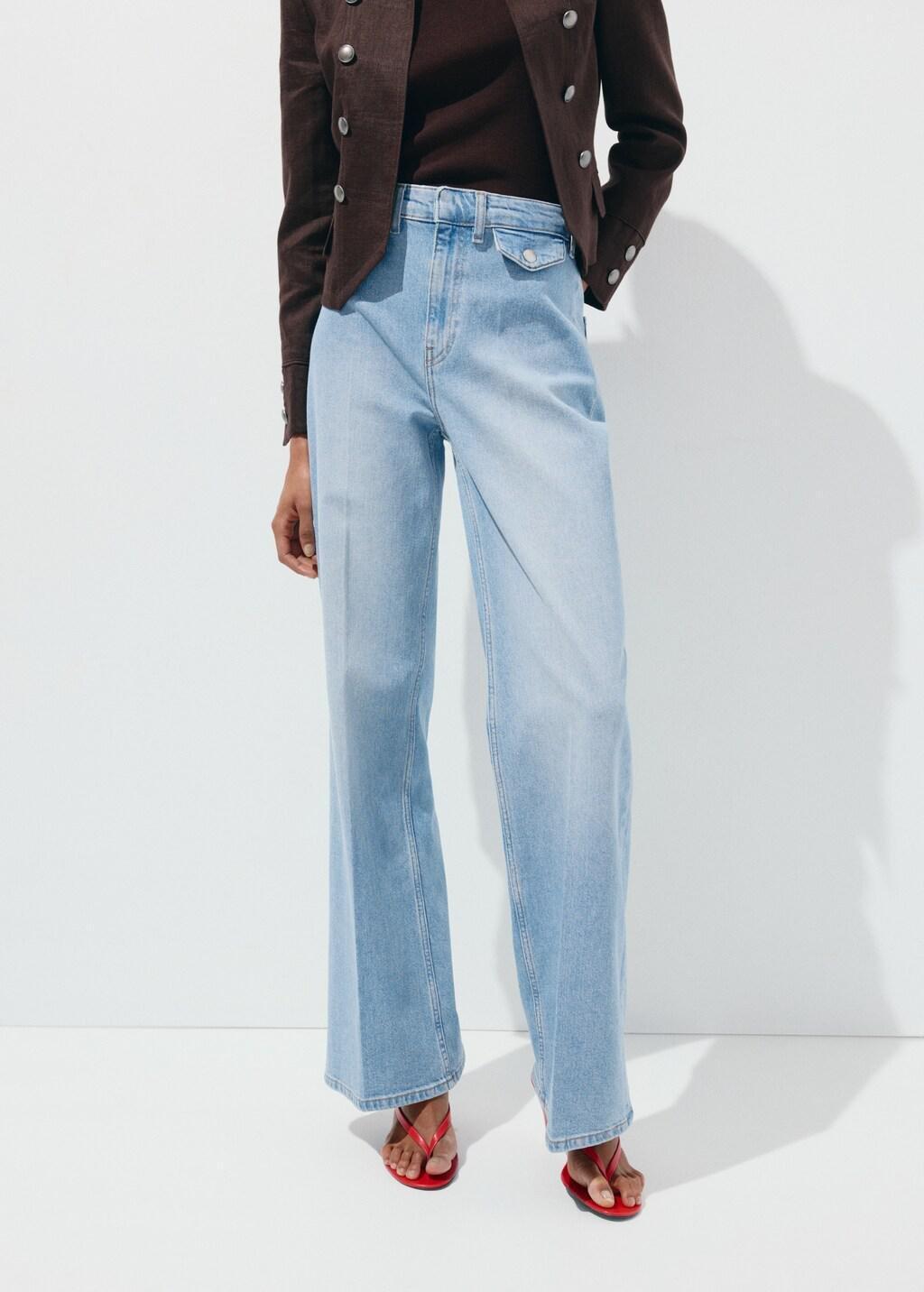 Blue Wide Leg Mid-Rise Jeans With Pockets, Open Blue, large image number 3