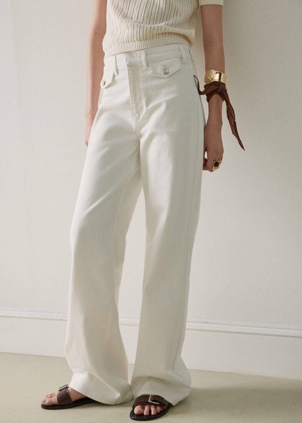 White Wide Leg Mid-Rise Jeans With Pockets, 0201_01, large image number 3