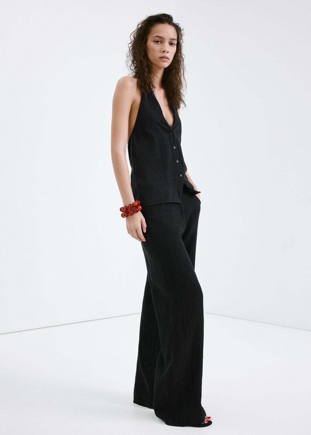 Black Halter-Neck Top With Buttons, Black, large image number 0