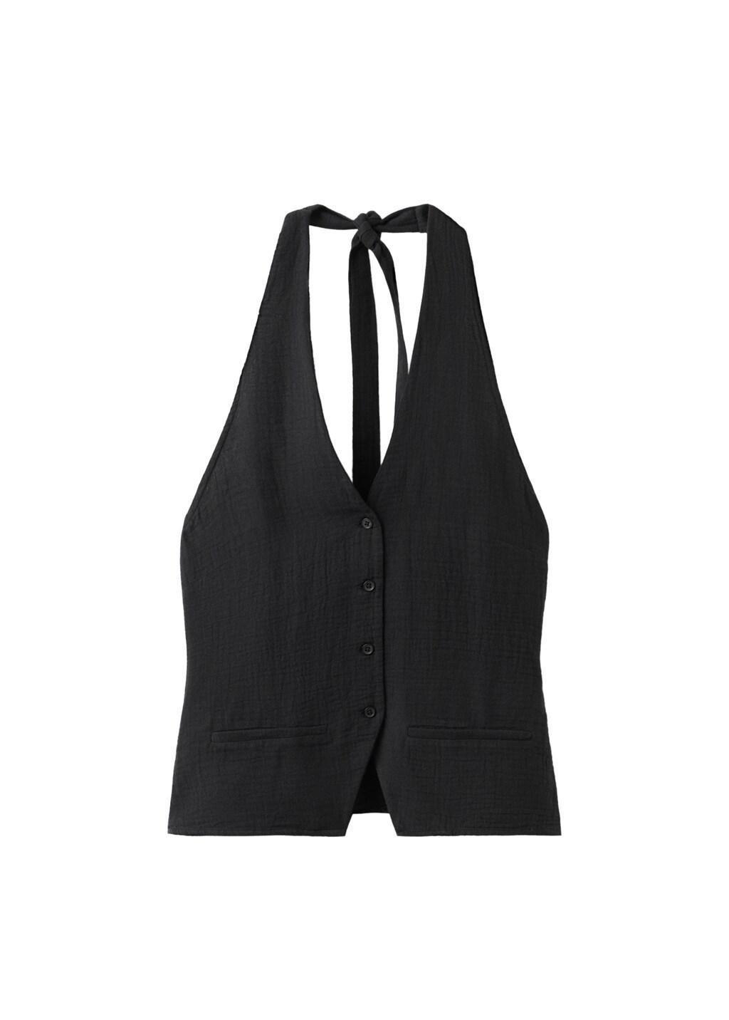 Black Halter-Neck Top With Buttons, Black, large image number 6