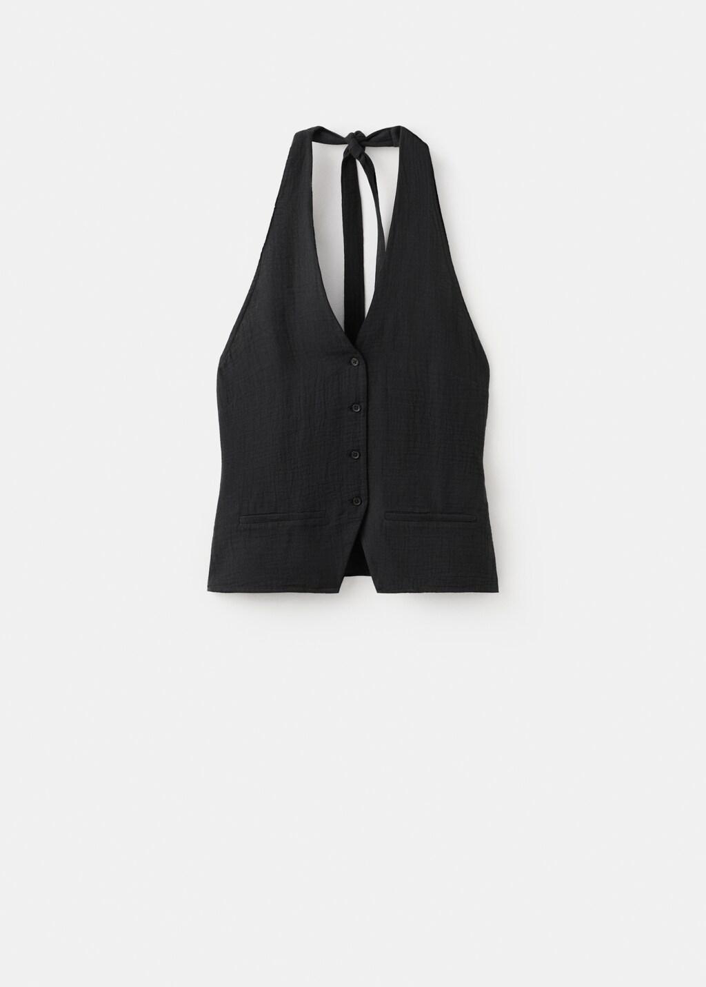 Black Halter-Neck Top With Buttons, Black, large image number 7