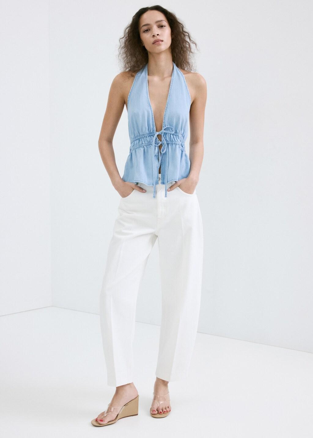 Blue V-Neck Denim Top With Bow, 0201_TC, large image number 0