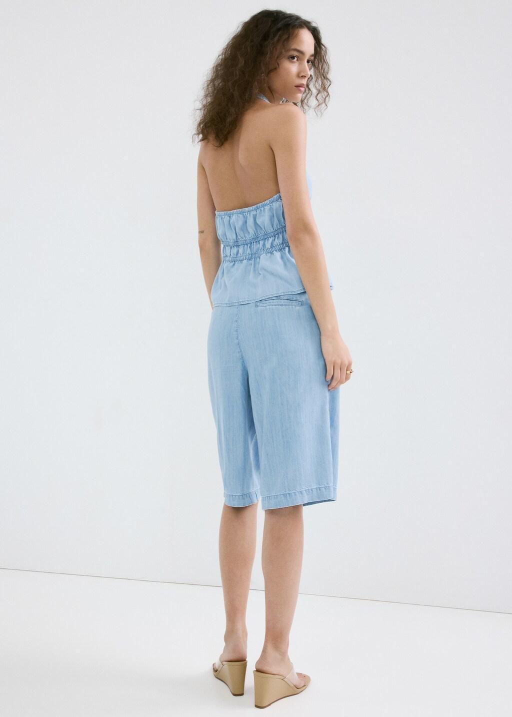 Blue V-Neck Denim Top With Bow, 0201_TC, large image number 2