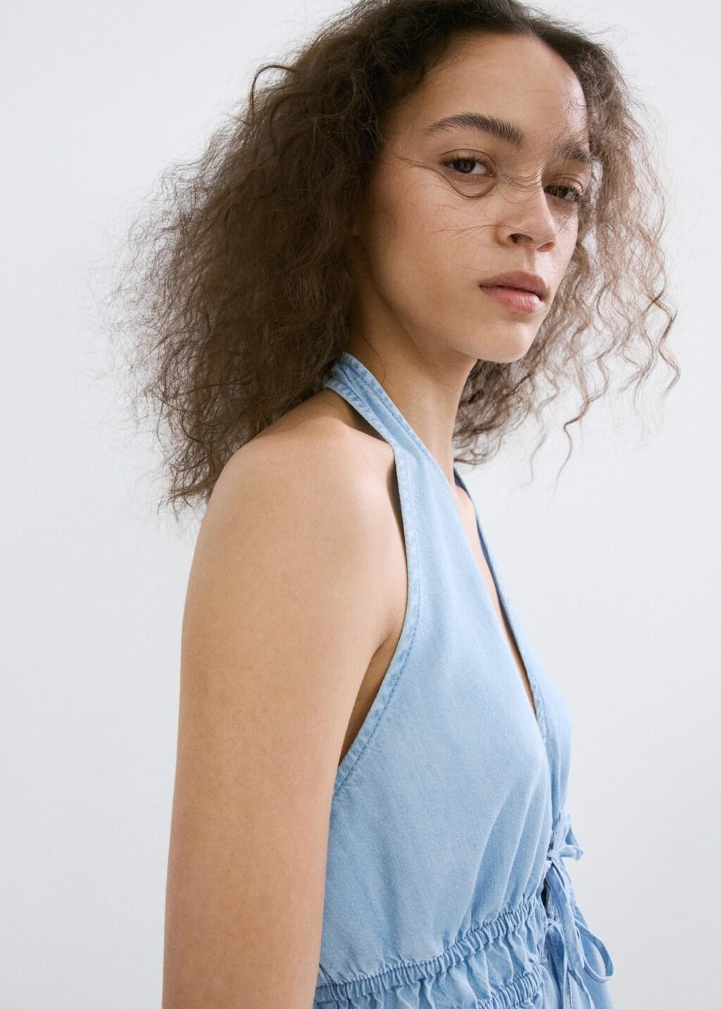 Blue V-Neck Denim Top With Bow, 0201_TC, large image number 4