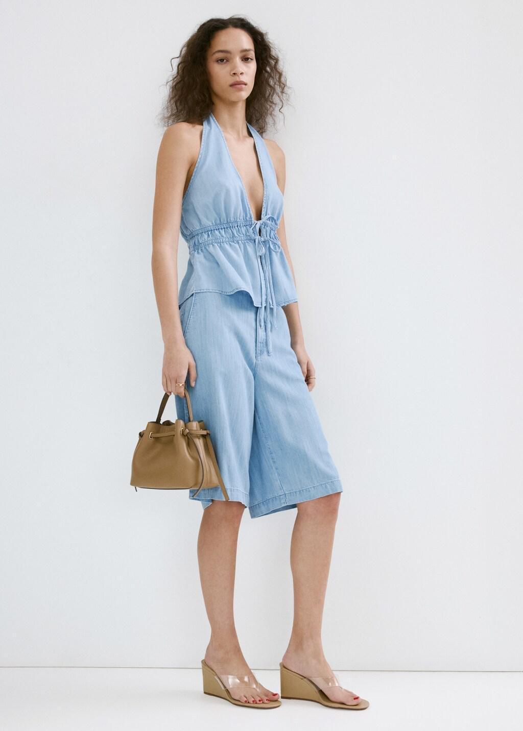 Blue V-Neck Denim Top With Bow, 0201_TC, large image number 6
