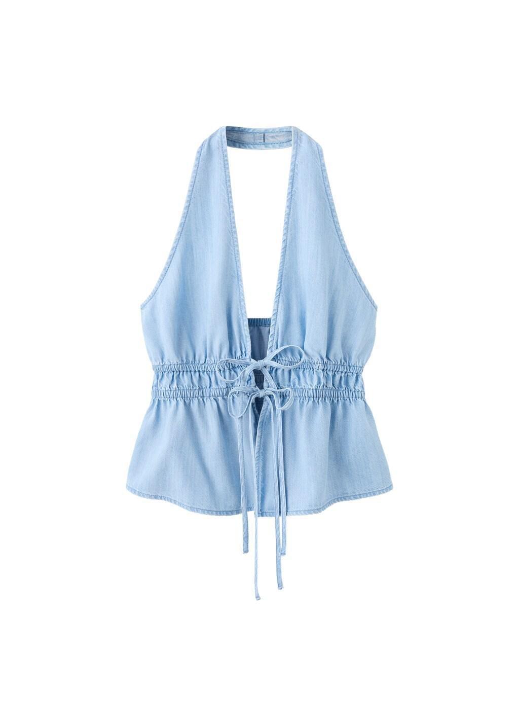Blue V-Neck Denim Top With Bow, 0201_TC, large image number 7
