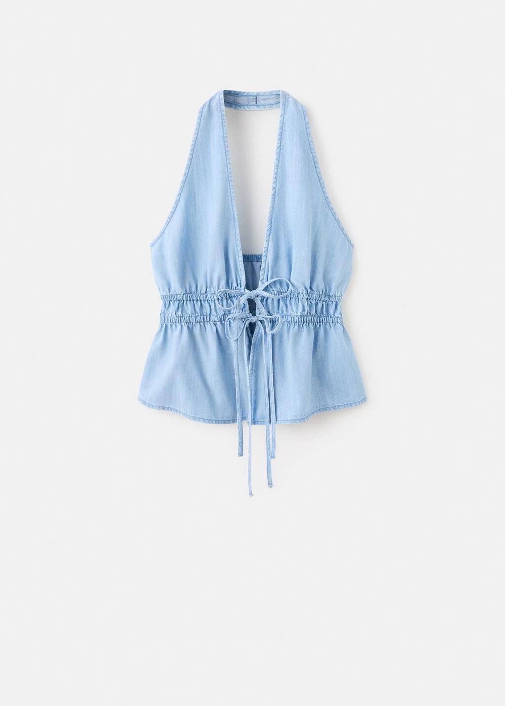 Blue V-Neck Denim Top With Bow, 0201_TC, large image number 8