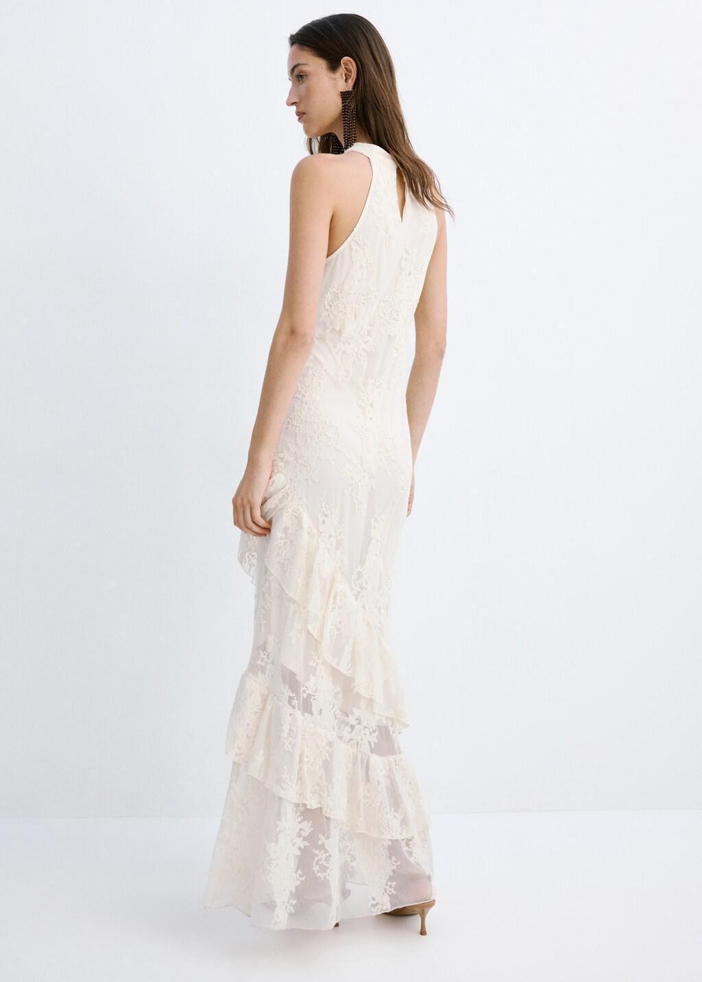 Beige Embroidered Tulle Dress With Frills, Light Beige, large image number 2