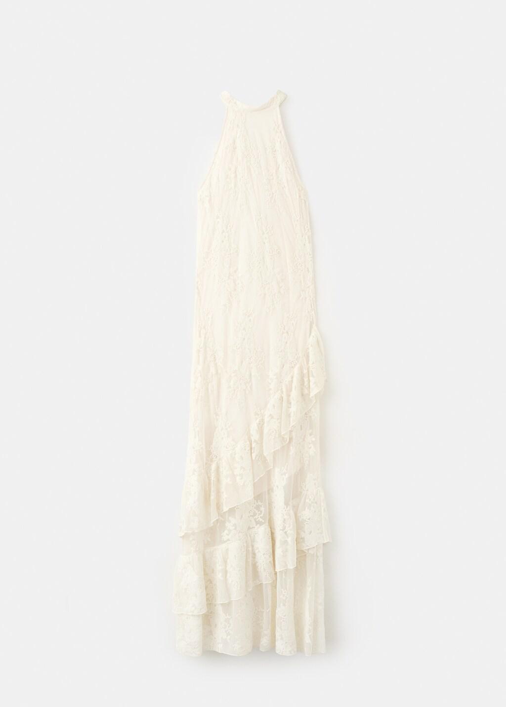 Beige Embroidered Tulle Dress With Frills, Light Beige, large image number 7
