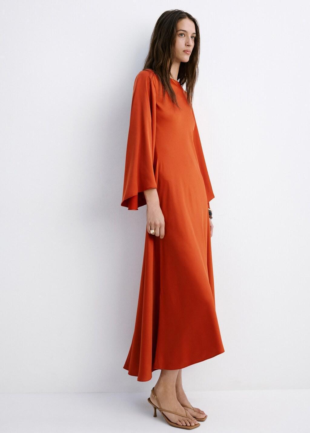 Orange Flared-Sleeve Satin Dress, 0201_79, large image number 0