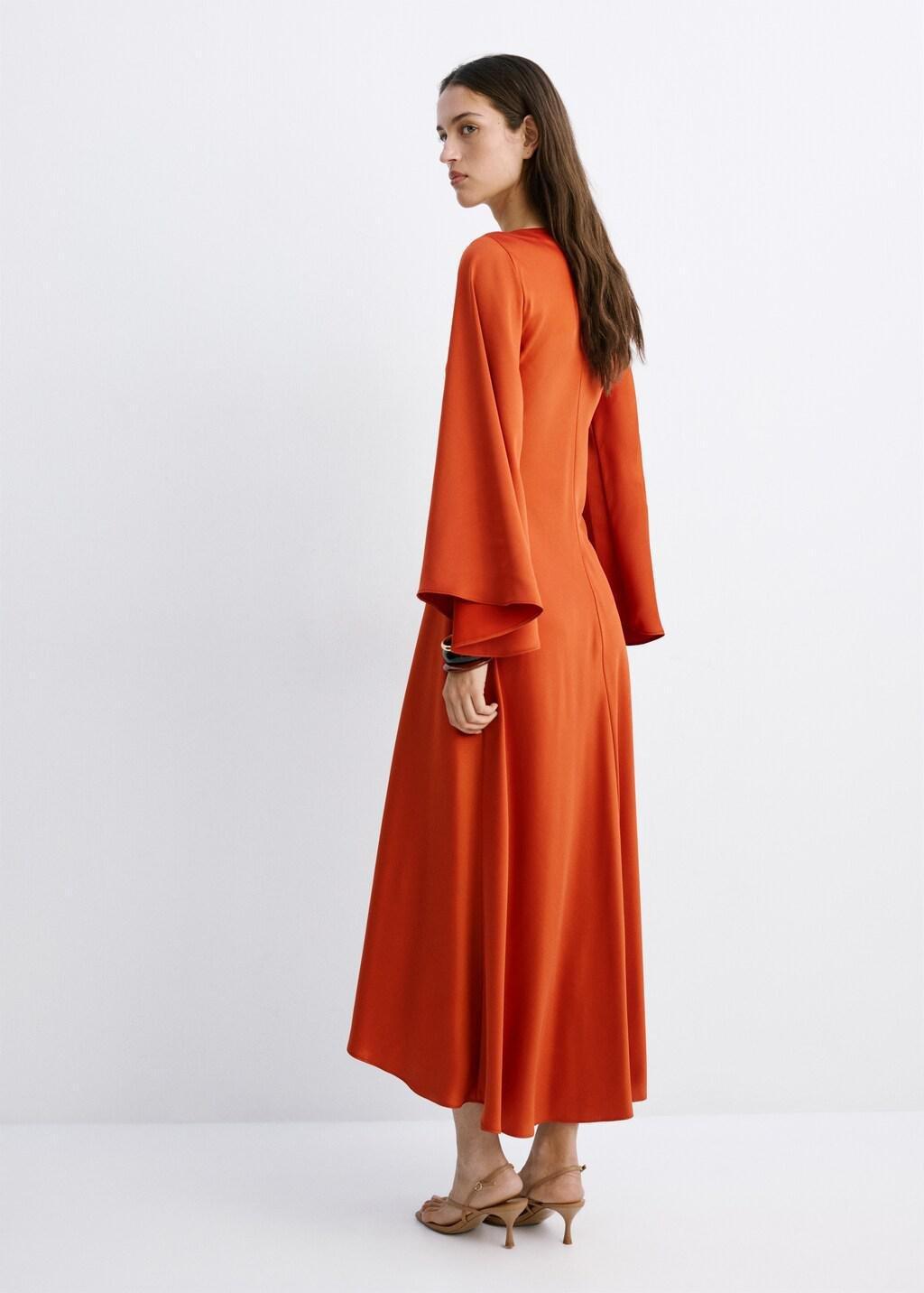 Orange Flared-Sleeve Satin Dress, 0201_79, large image number 2
