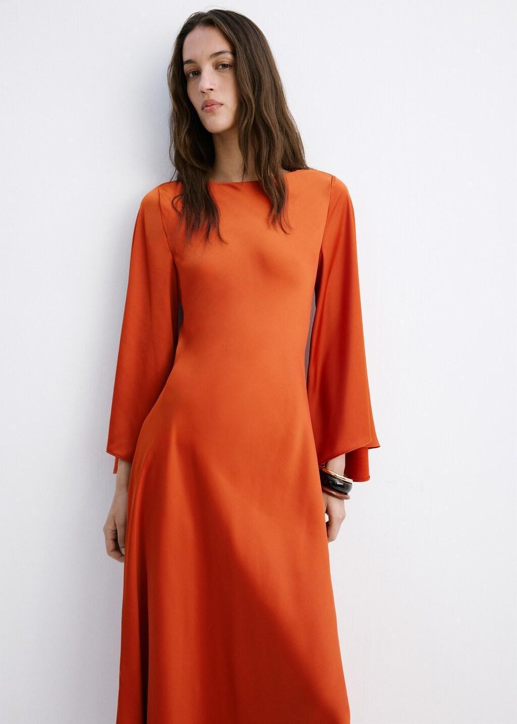 Orange Flared-Sleeve Satin Dress, 0201_79, large image number 3