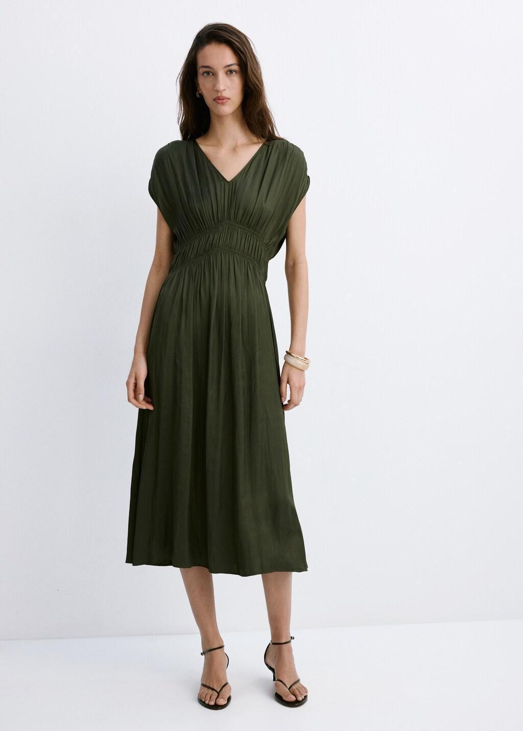 Khaki Gathered Midi-Dress, Beige - Khaki, large image number 0