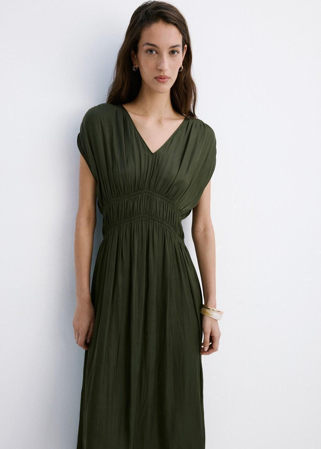 Khaki Gathered Midi-Dress, Beige - Khaki, large image number 3