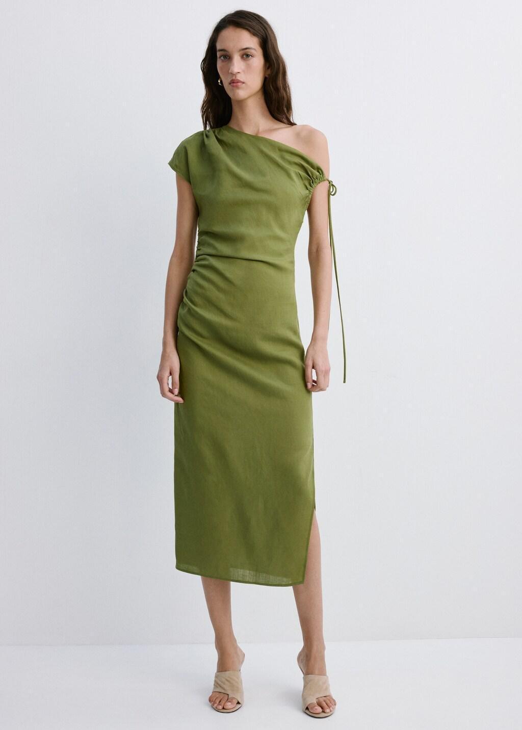 Green Asymmetric Side Ruched Dress, 0201_43, medium