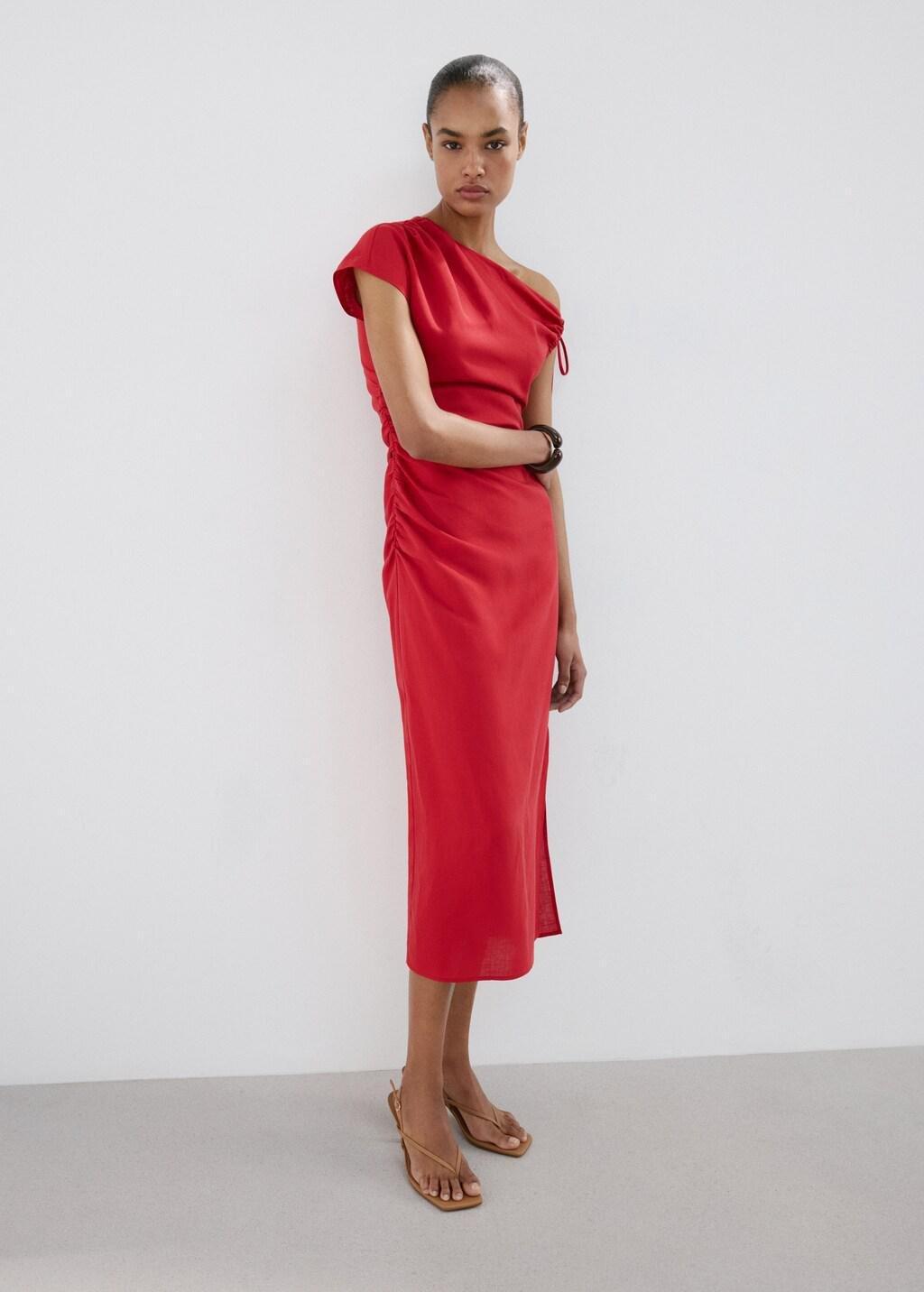 Red Asymmetric Side Ruched Dress, 0201_70, large image number 0