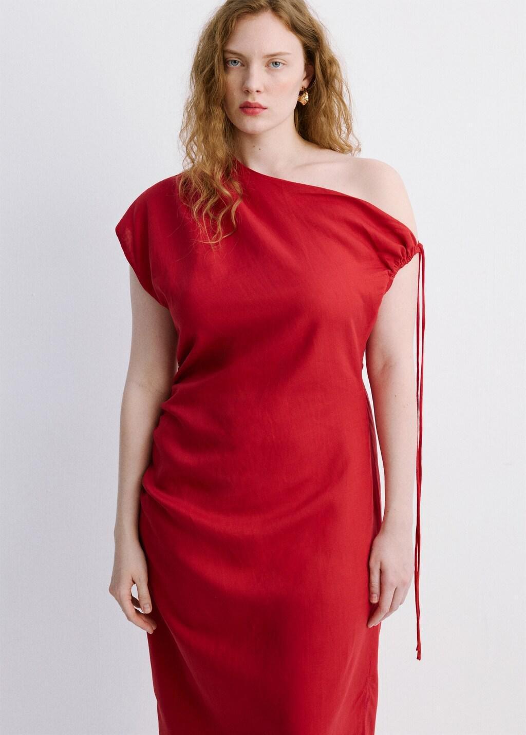 Red Asymmetric Side Ruched Dress, 0201_70, large image number 6