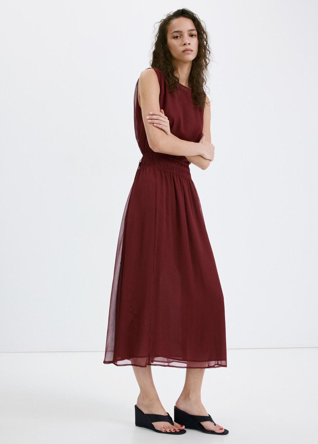 Red Flowy Dress With Gathered Waist, 0201_78, medium