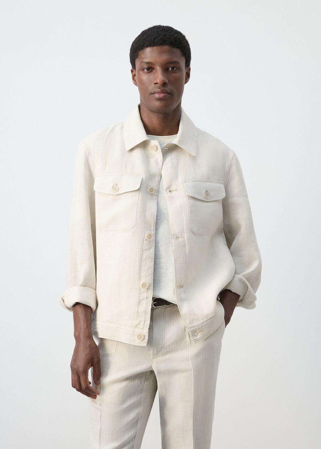 WHITE 100% linen striped blazer, Men, White, large image number 3