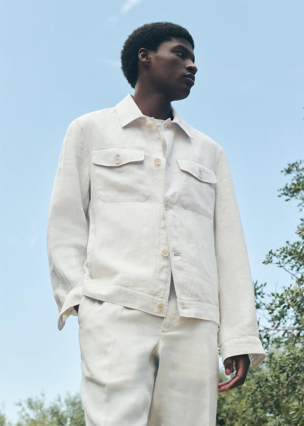 WHITE 100% linen striped blazer, Men, White, large image number 6