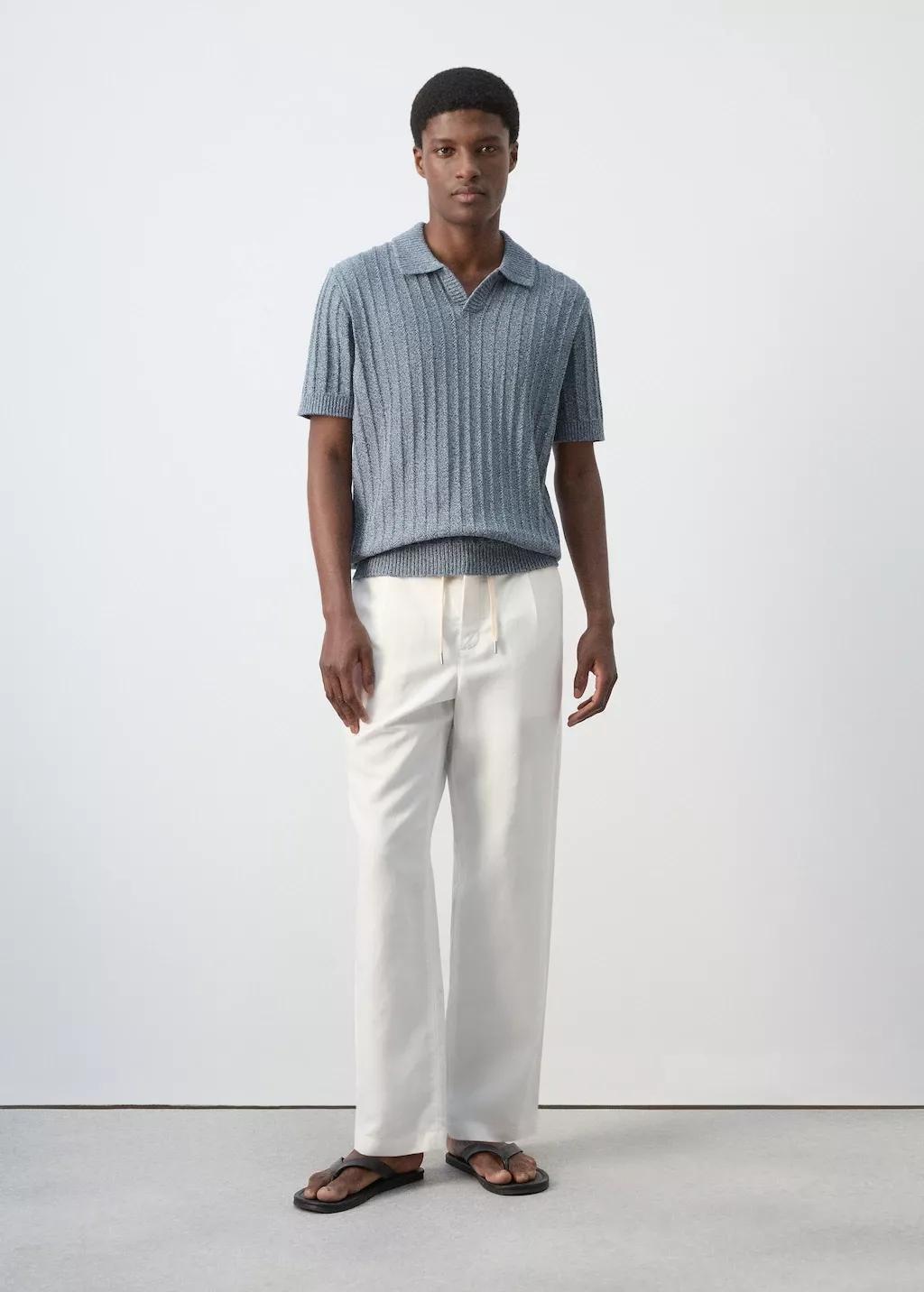 Blue Cotton Fine-Knit Polo Shirt, 0201_54, medium