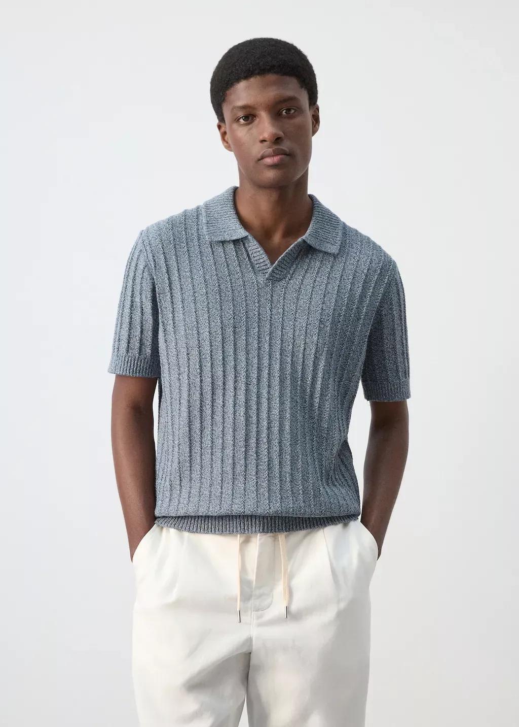 Blue Cotton Fine-Knit Polo Shirt, 0201_54, large image number 3