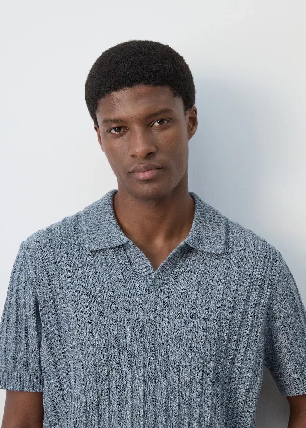 Blue Cotton Fine-Knit Polo Shirt, 0201_54, large image number 4