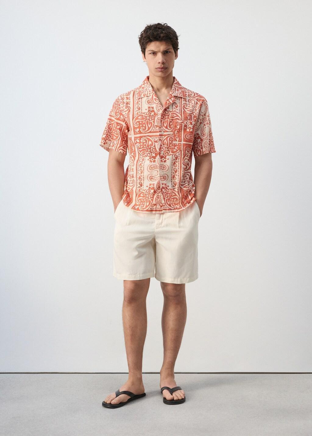 Orange Lt Pastel Printed Cotton Linen Shirt, Light-Pastel Orange, large image number 0