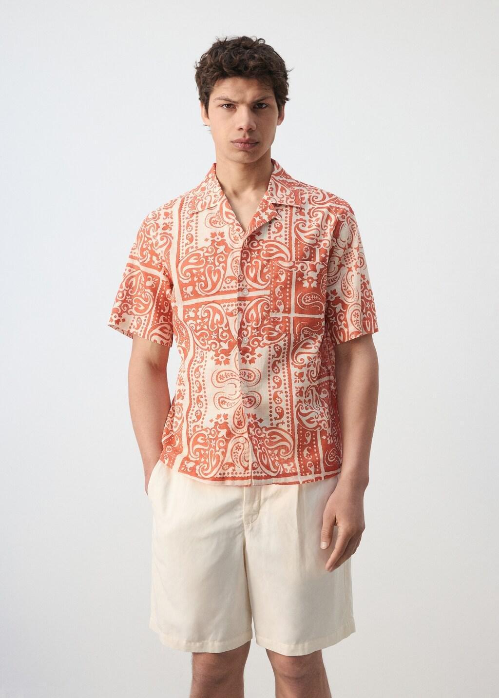 Orange Lt Pastel Printed Cotton Linen Shirt, Light-Pastel Orange, large image number 3