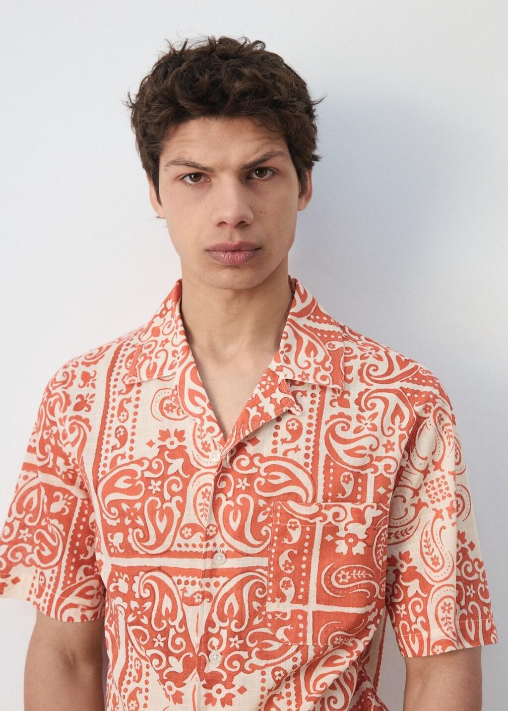 Orange Lt Pastel Printed Cotton Linen Shirt, Light-Pastel Orange, large image number 4