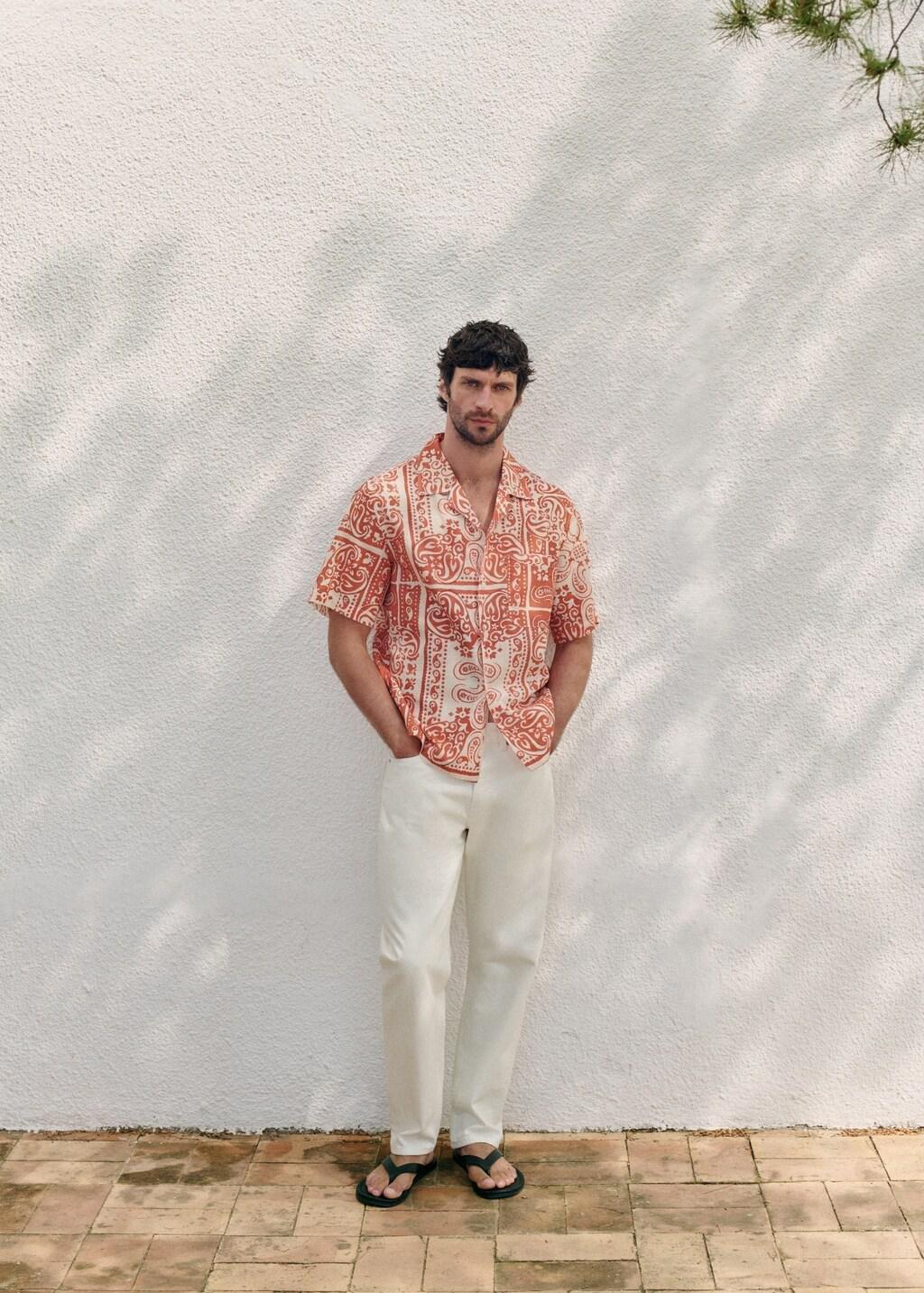 Orange Lt Pastel Printed Cotton Linen Shirt, Light-Pastel Orange, large image number 6