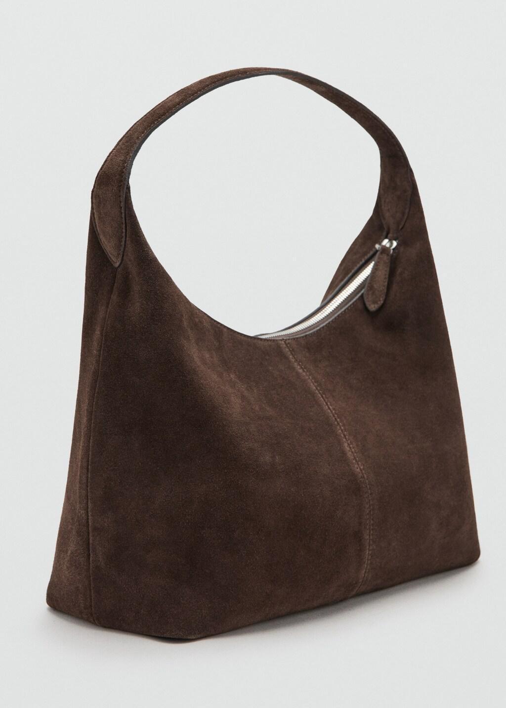Brown Suede Shoulder Bag With Stitching, Brown, medium