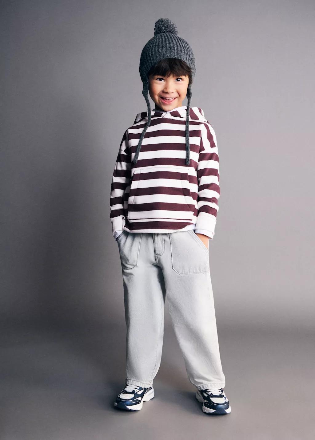 Red Striped Hooded Sweatshirt, Kids Unisex, Dark Red, large image number 0