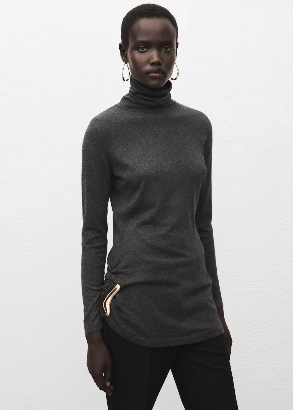 Grey Turtleneck Sweater With Brooch, Charcoal, large image number 3