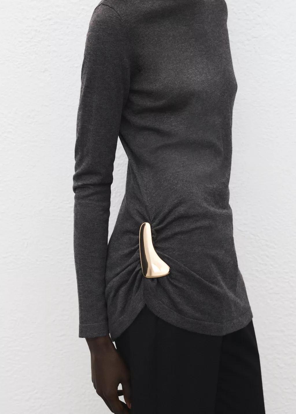 Grey Turtleneck Sweater With Brooch, Charcoal, large image number 6