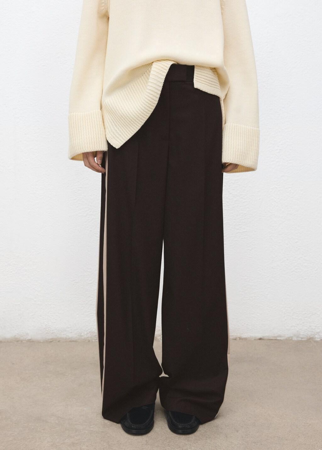 Brown Wide-Leg Trousers With Contrast Stripe, Dark Brown, large image number 3