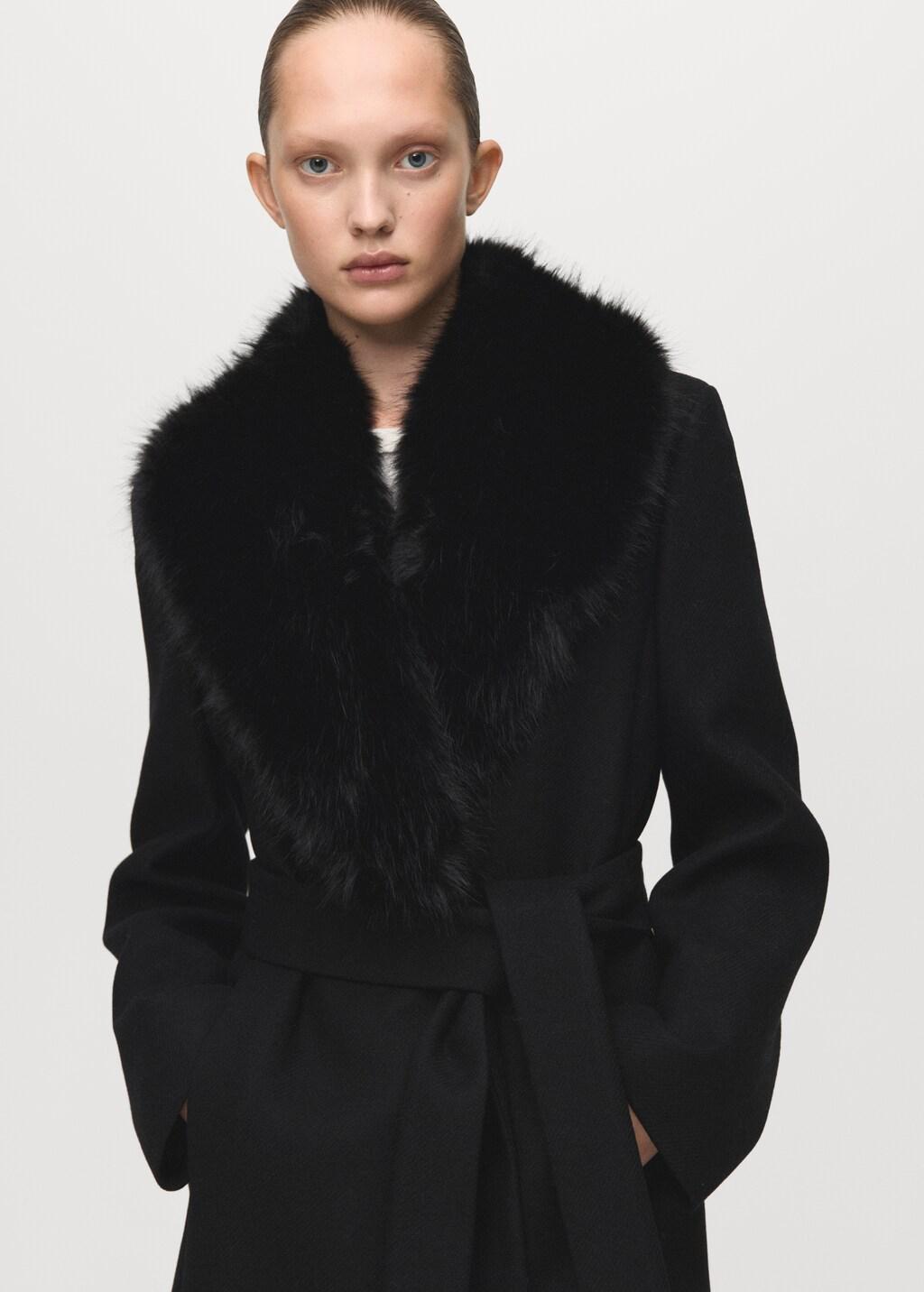 Black Manteco Wool Coat With Fur Collar, Black, large image number 3