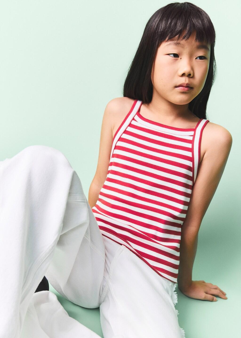 Red Striped Rib T-Shirt, Kids Girls, Red, medium