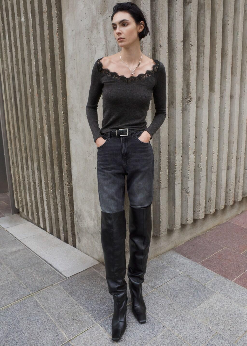 Grey Lace-Trimmed Scoop-Neck Top, 0201_94, large image number 0