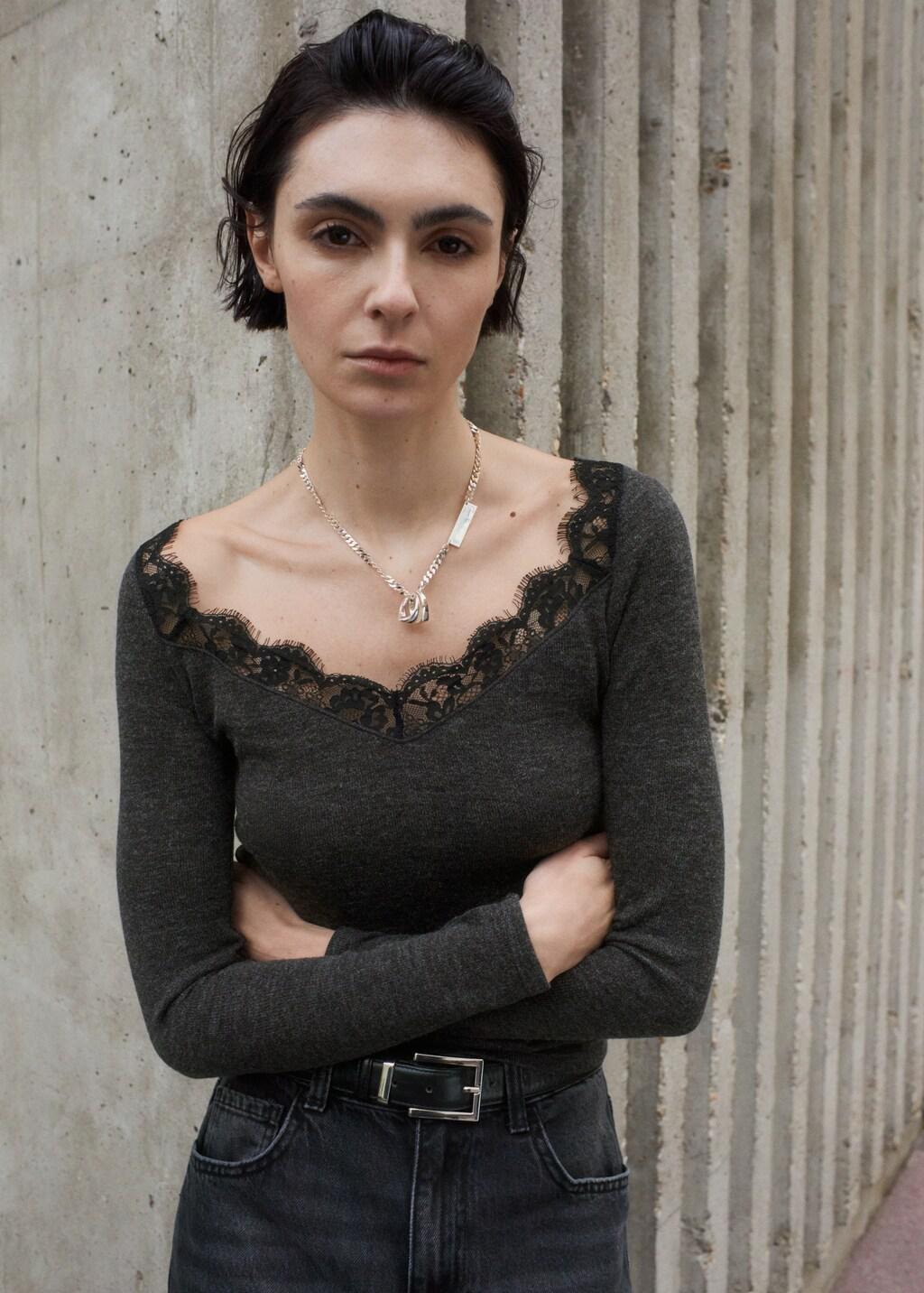 Grey Lace-Trimmed Scoop-Neck Top, 0201_94, large image number 3